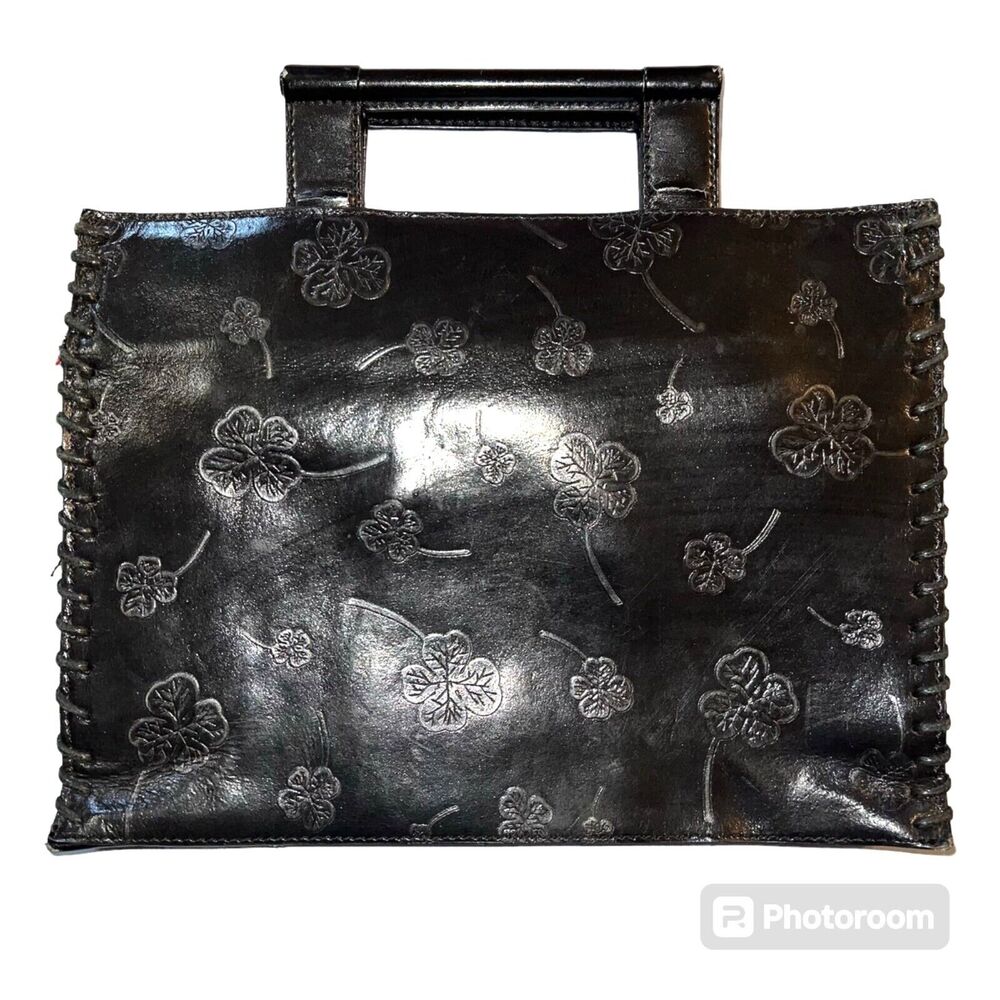 Vtg Mark Chantal MC Satchel Handbag Black Embossed Four Leaf Clover Top Handle
